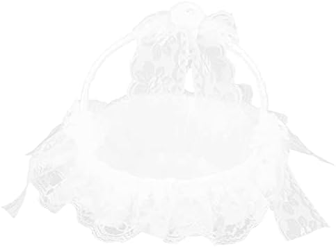 Wedding Flower Basket with White Lace and Rhinestone Bowknots