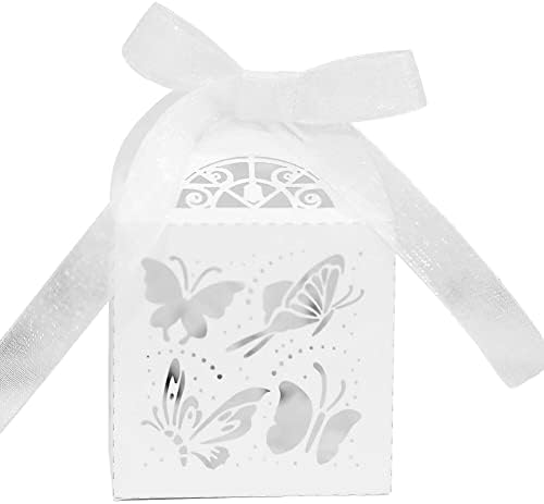 50 Pack White Butterfly Candy Gift Boxes with Ribbons