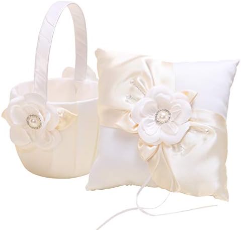 KateMelon Ivory Flower Ring Bearer Pillow and Flower Girl Basket Set