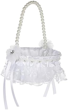 Ochine Wedding Flower Girl Basket with Pearl Handle Bowknot