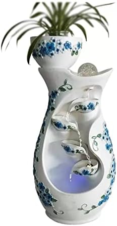 WAOCEO Elegant Tabletop Water Fountain with Blue Flowers and White Background