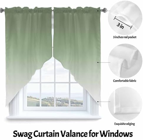 Swag Valances for Windows Gradient Sage Green 2 Panels 28x36 Inch