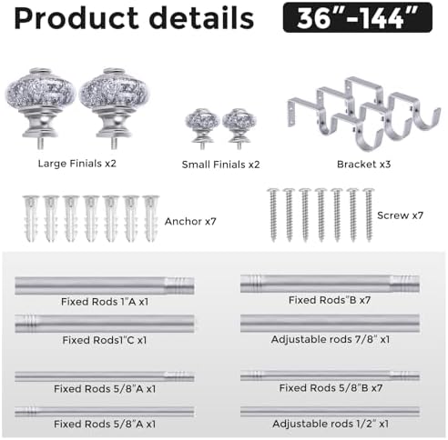Silver Double Curtain Rods for Windows 72 to 144 Inches