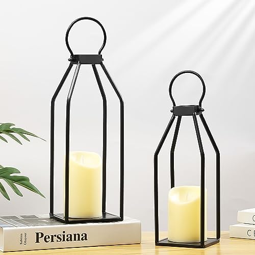 Perfnique Modern Farmhouse Lantern Decor Set of 2 Black Metal