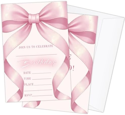 20 Pack Pink Bow Birthday Invitations with Envelopes