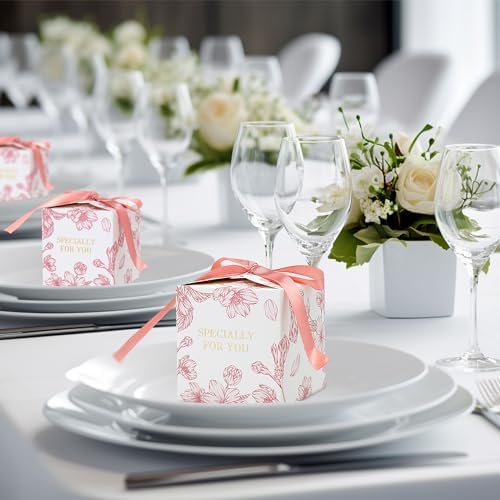 Yoption 50pcs Cherry Blossom Wedding Favor Boxes with Ribbons