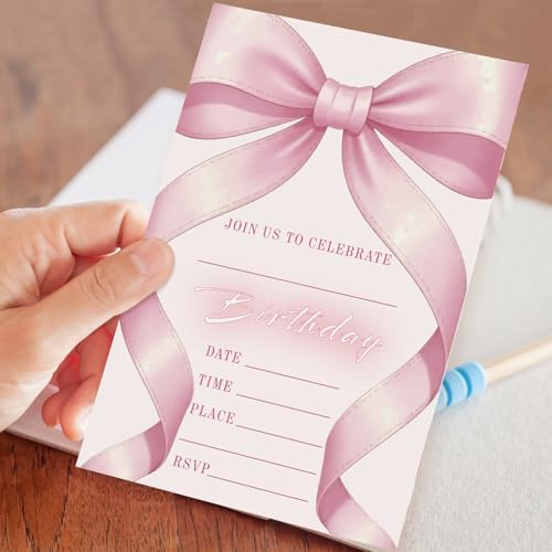 20 Pack Pink Bow Birthday Invitations with Envelopes