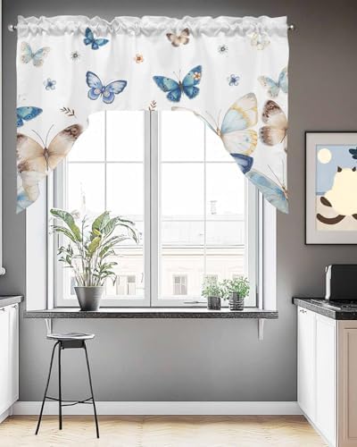 Blue Butter-Fly Swag Valance Kitchen Curtains Country Aesthetics Gradient Brown Art 56x36