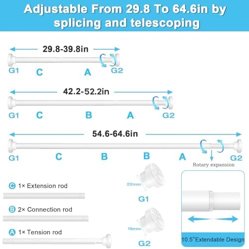Adjustable Spring Tension Rod 30 To 64 Inch White Curtain Rod No Drilling