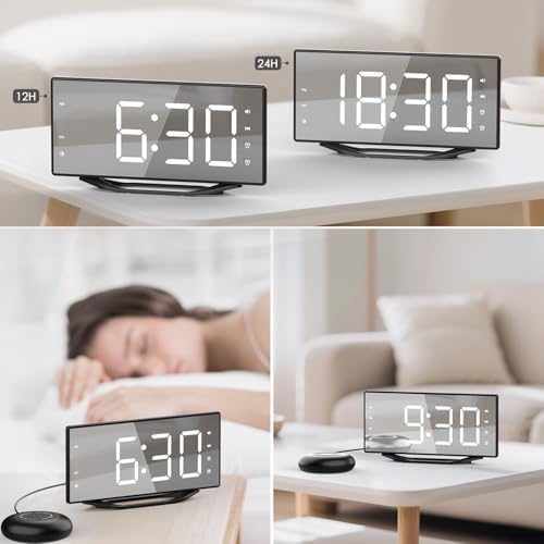 Vibrating Alarm Clock with LED Mirror and Bed Shaker
