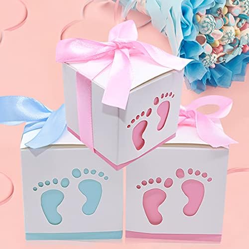 50pcs Footprint Design Candy Treat Boxes with Ribbon Pink