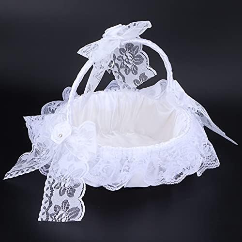 Wedding Flower Basket with White Lace and Rhinestone Bowknots