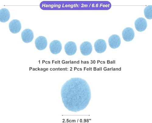 MECCANIXITY 2Pcs Light Blue Felt Ball Garland 66 Feet