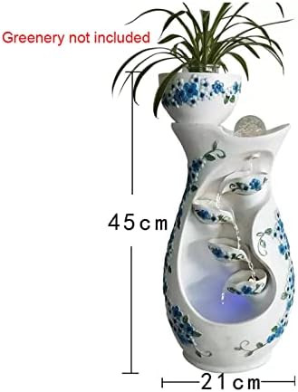 WAOCEO Elegant Tabletop Water Fountain with Blue Flowers and White Background
