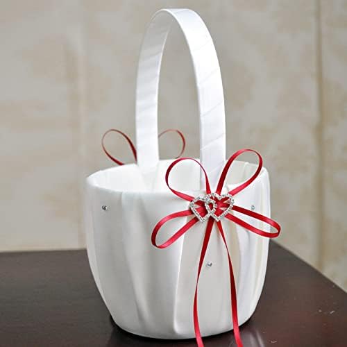 Wedding Flower Girl Basket and Ring Pillow Set with Double Heart Rhinestone
