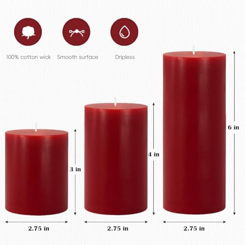 Set of 3 Red Burgundy Pillar Candles Dripless and Unscented