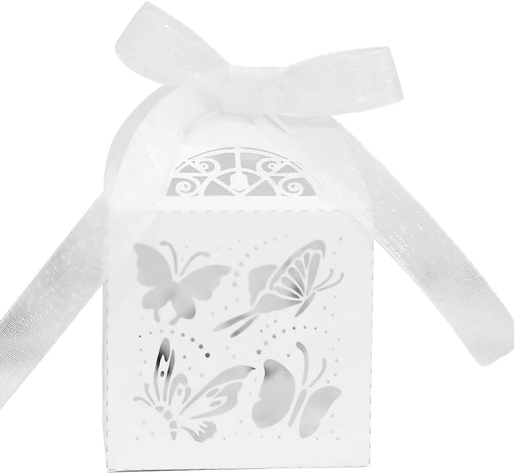 50 Pack White Butterfly Candy Gift Boxes with Ribbons