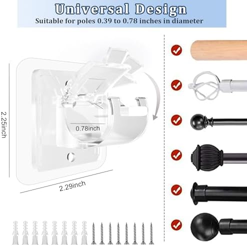8PCS No Drill Curtain Rod Brackets Transparent Adjustable Hooks