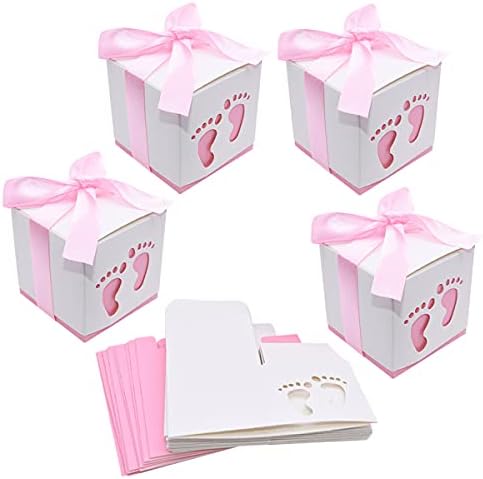 50pcs Footprint Design Candy Treat Boxes with Ribbon Pink