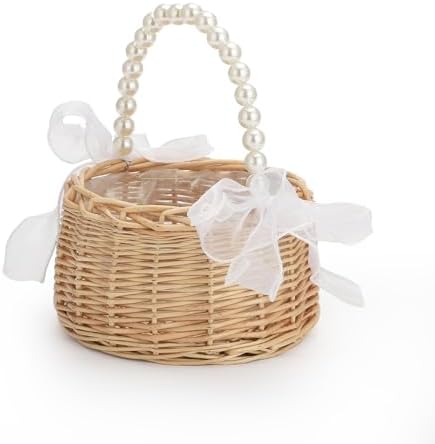 Rattan Wicker Flower Basket with Pearl Handle and Bows - Brown