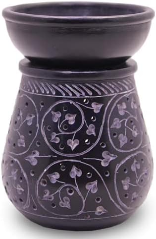 Handmade Soapstone Aroma Oil Burner with Round Floral Carving