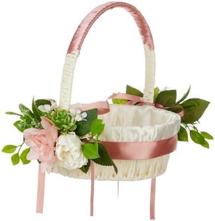 Elegant White Satin Flower Girl Baskets with Pearl Accents