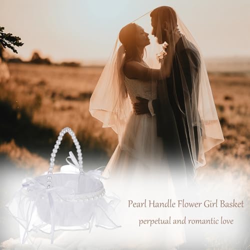 Ochine Wedding Flower Girl Basket with Pearl Handle Bowknot
