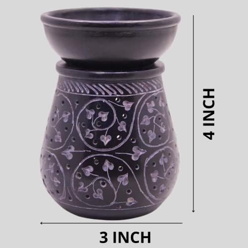 Handmade Soapstone Aroma Oil Burner with Round Floral Carving