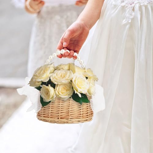 Rattan Wicker Flower Basket with Pearl Handle and Bows - Brown