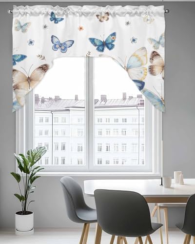 Blue Butter-Fly Swag Valance Kitchen Curtains Country Aesthetics Gradient Brown Art 56x36