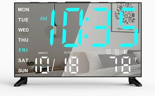 Mirror Digital Alarm Clock with Temperature and Dual Alarms BlackIce Blue Digit