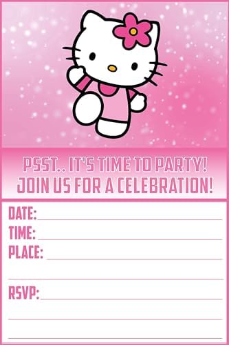 Set of 30 Cute Pink Cat Birthday Invites - Lightweight Party Cards