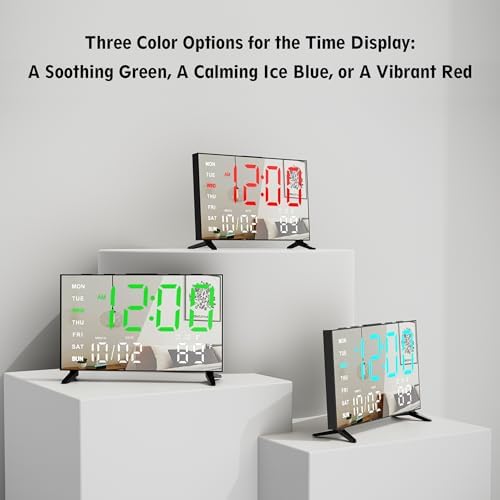 Mirror Digital Alarm Clock with Temperature and Dual Alarms BlackIce Blue Digit
