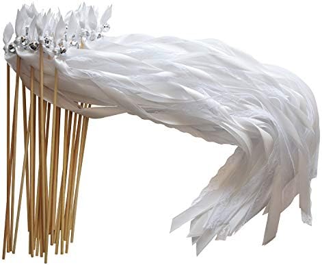 Kingsnow 50 Pack White Lace Streamer Wands with Silver Bells