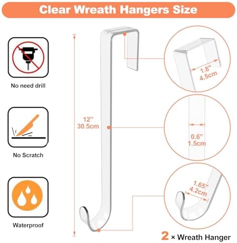 12 Clear Wreath Hanger Non Scratch Door Hooks 2 Pack