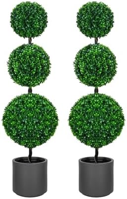 4FT Artificial Triple Ball Topiary Trees with Gray Planter Pot Set of 2