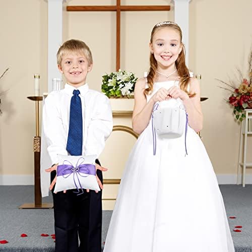 Wedding Flower Girl Basket and Ring Pillow Set with Double Heart Rhinestone