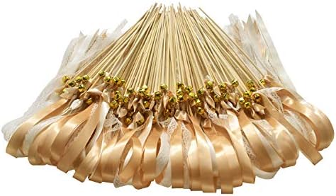 Kingsnow 50 Pack Champagne Lace Ribbon Wands with Bells Party Favors