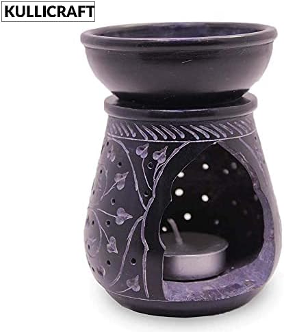Handmade Soapstone Aroma Oil Burner with Round Floral Carving