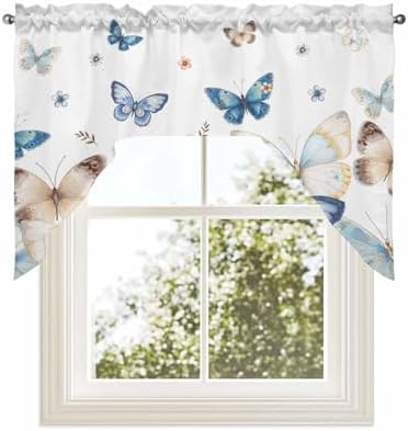 Blue Butter-Fly Swag Valance Kitchen Curtains Country Aesthetics Gradient Brown Art 56x36