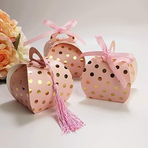 Amajoy 50PCS Pink Wedding Favor Boxes with Tassels and Gold Foil Dot
