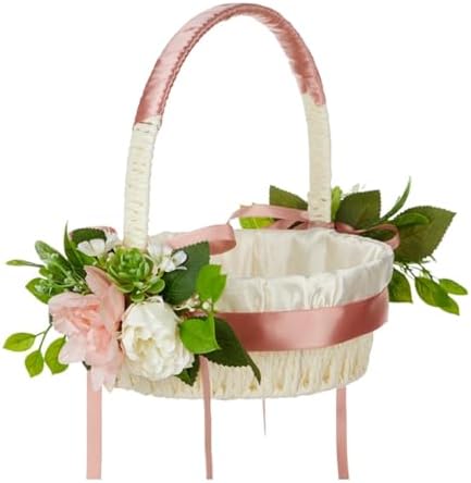 Elegant White Satin Flower Girl Baskets with Pearl Accents