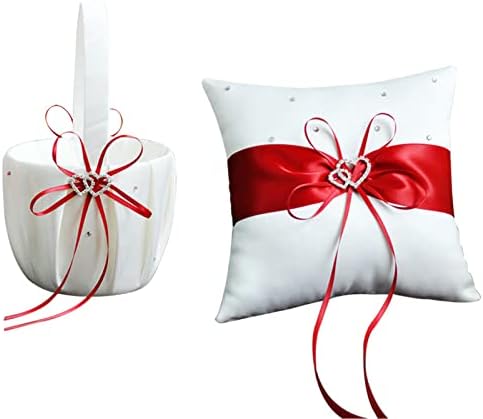 Wedding Flower Girl Basket and Ring Pillow Set with Double Heart Rhinestone