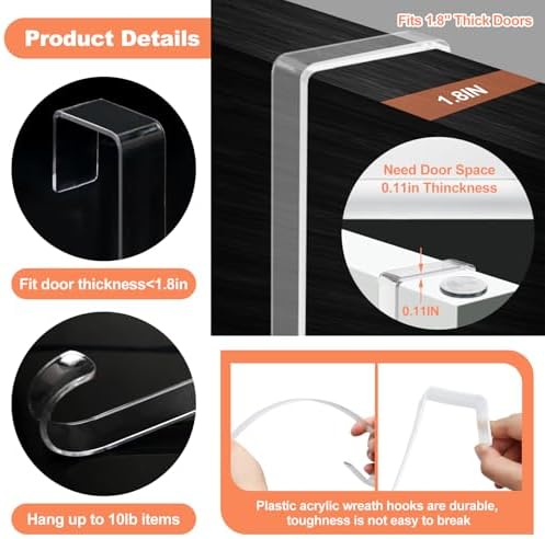 12 Clear Wreath Hanger Non Scratch Door Hooks 2 Pack