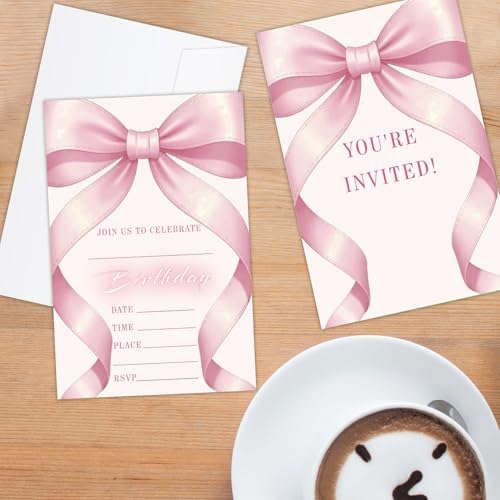 20 Pack Pink Bow Birthday Invitations with Envelopes