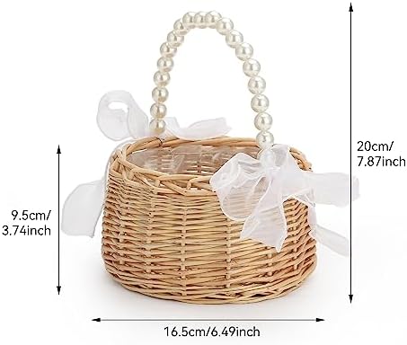 Rattan Wicker Flower Basket with Pearl Handle and Bows - Brown