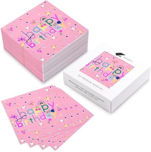 WRAPAHOLIC 50Pcs Pink Birthday Napkins - 3-Ply Disposable Paper Napkins for Parties