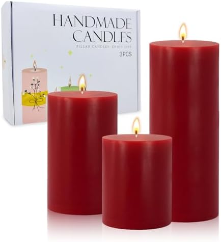 Set of 3 Red Burgundy Pillar Candles Dripless and Unscented