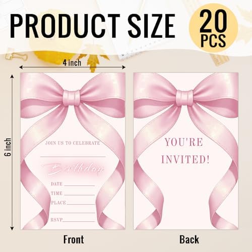 20 Pack Pink Bow Birthday Invitations with Envelopes