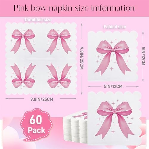 60Pcs Pink Bow Napkins Coquette Theme Party Decor